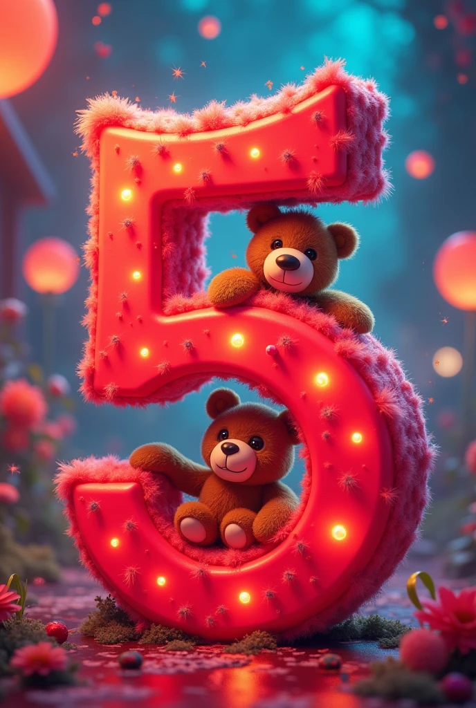 Number 5 in red with an animated teddy bear 