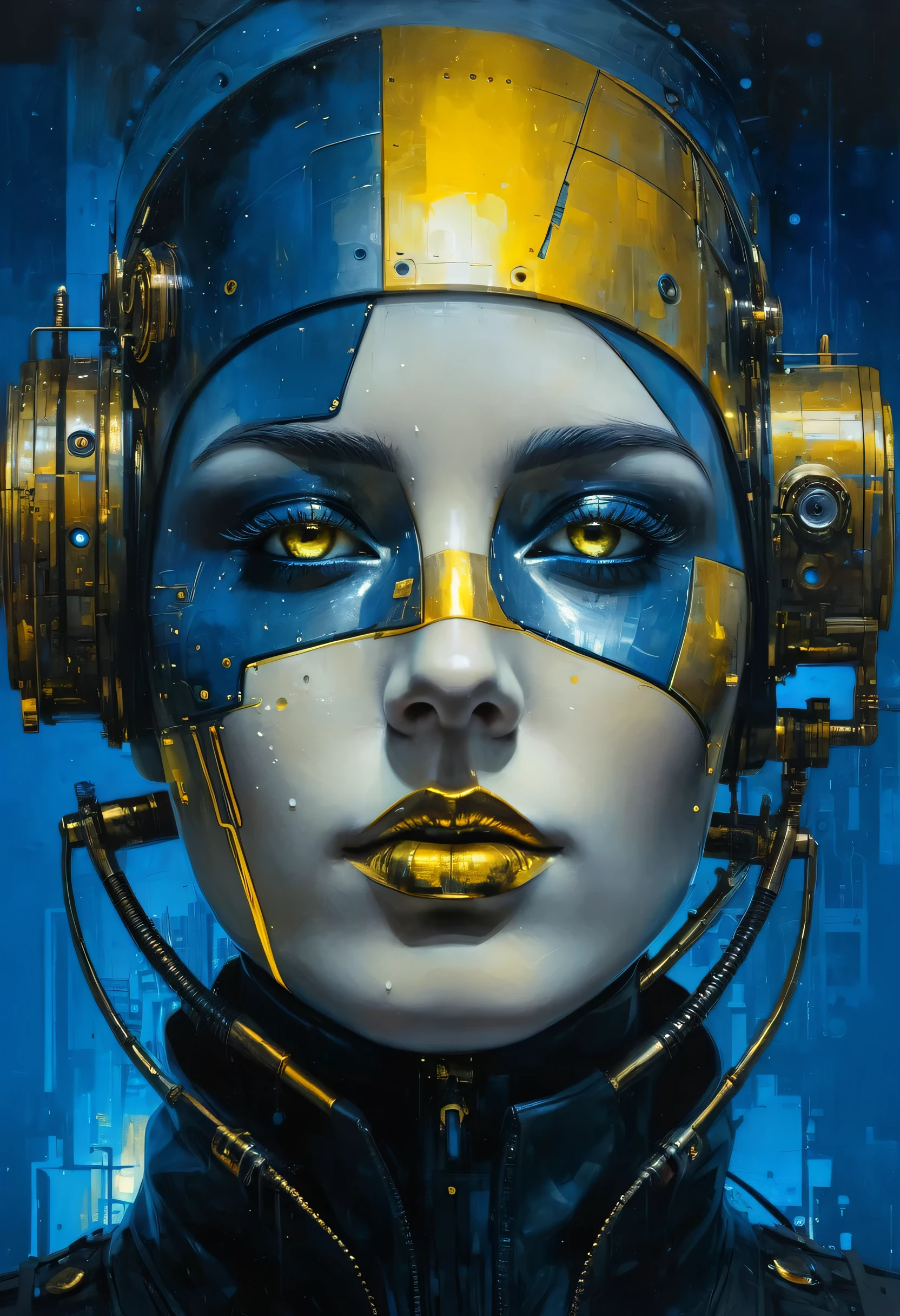 High relief with plaster oil painting Big face composed and made by dreamlike elements, futuristic steampunk high technology, cyberpunk, artwork Jeremy Mann, at night, deep grey and black blue and golden yellow, 4D, 8K, photorealistic, dreamlike, big and complex composition storytelling, masterpiece, Impressionism