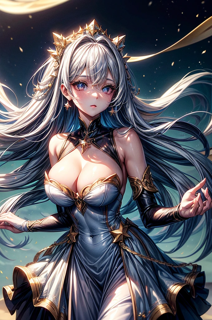 ((best quality)), ((masterpiece)), (detailed), beautiful young woman, royal and well defined facial features, alabaster white skin, oval shaped face, starry pink lips, starry pupiled eyes( 8 pointed star pupils), sleek and wavy two tone astral colored hair(moonlight blue, silver), slim thick, athletic build, D-cup breasts, slim waist, large round ass, short height(165cm), modern royal fantasy setting, elegant battle dress