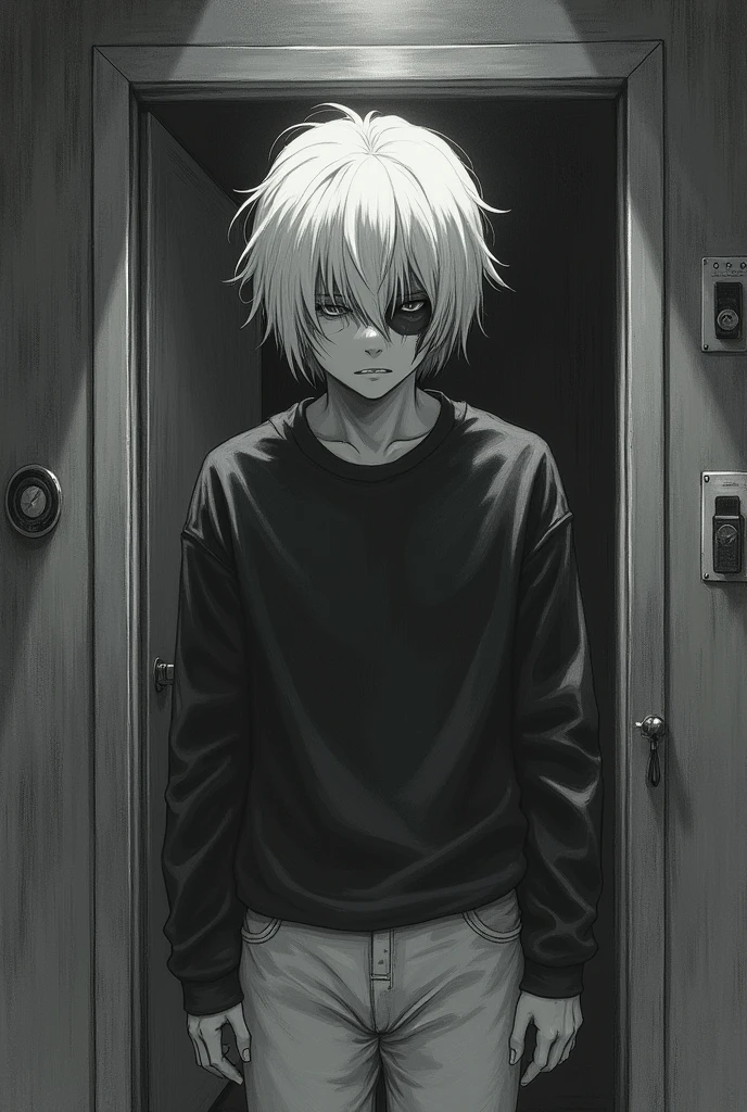 Create a dark drawing of Akemica with short white hair and bangs under his forehead and a scar that passes through his left eye that is blind, trapped in the laboratory wearing a long-sleeved shirt and white pants.