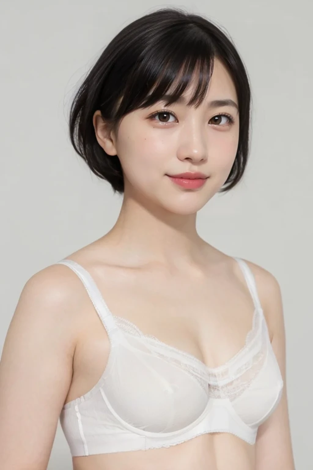 (plain bra, plain white panties:1.5), one girl, , 8k, RAW photo, best quality, masterpiece, realistic, photo-realistic, clear, professional lighting, BREAK, no makeup, smile, black eyes, black hair, very short cut hair, full body, BREAK, standing