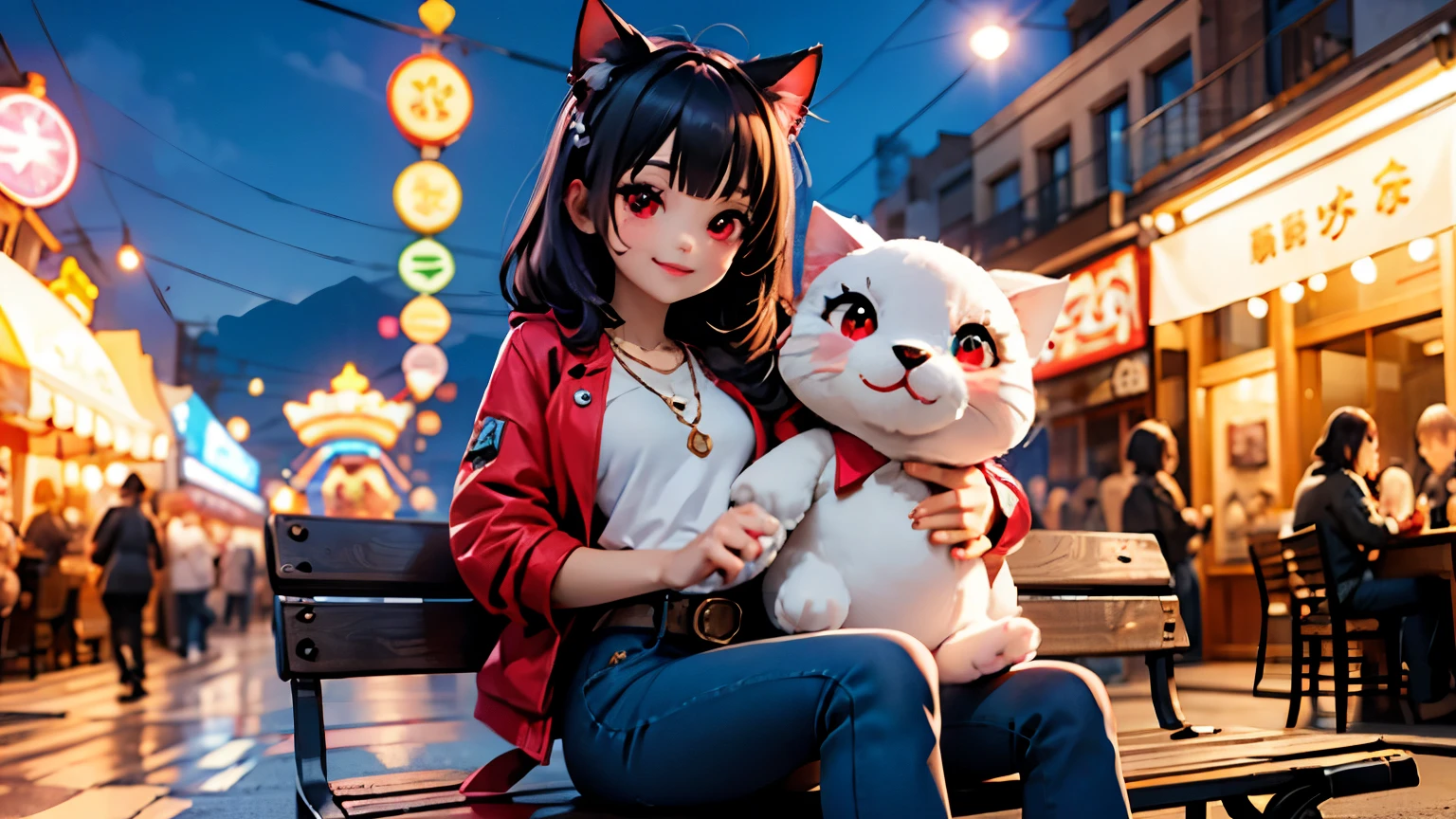 1girl junkotvv ,red eyes,black hair,flequillo, cat ears, belt,necklace,red jacket,jeans, looking at viewer, smiling, happy, sitting, on bench, holding large stuffed animal, outside, carnival, night, crowd, neon lighting, high quality, masterpiece,