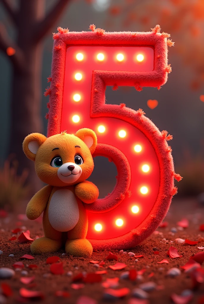 Number 5 in red with an animated teddy bear 