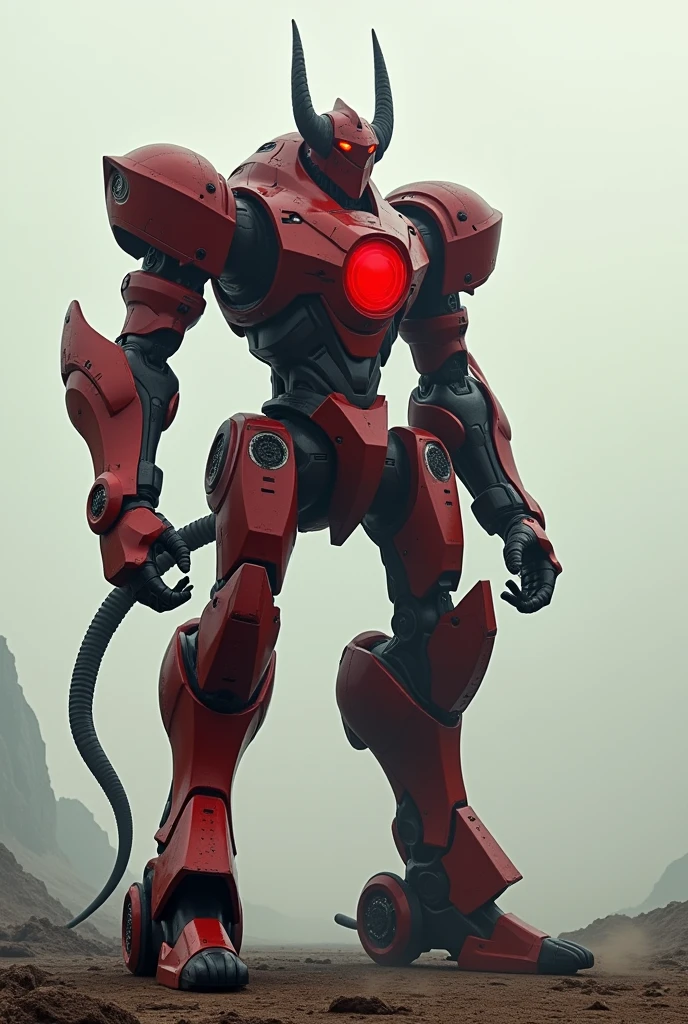 Generates a giant humanoid robot, which has a red core in the chest, It is red with black legs and has a long black tail that has 2 horns around the chest and its head resembles a horn but not the same