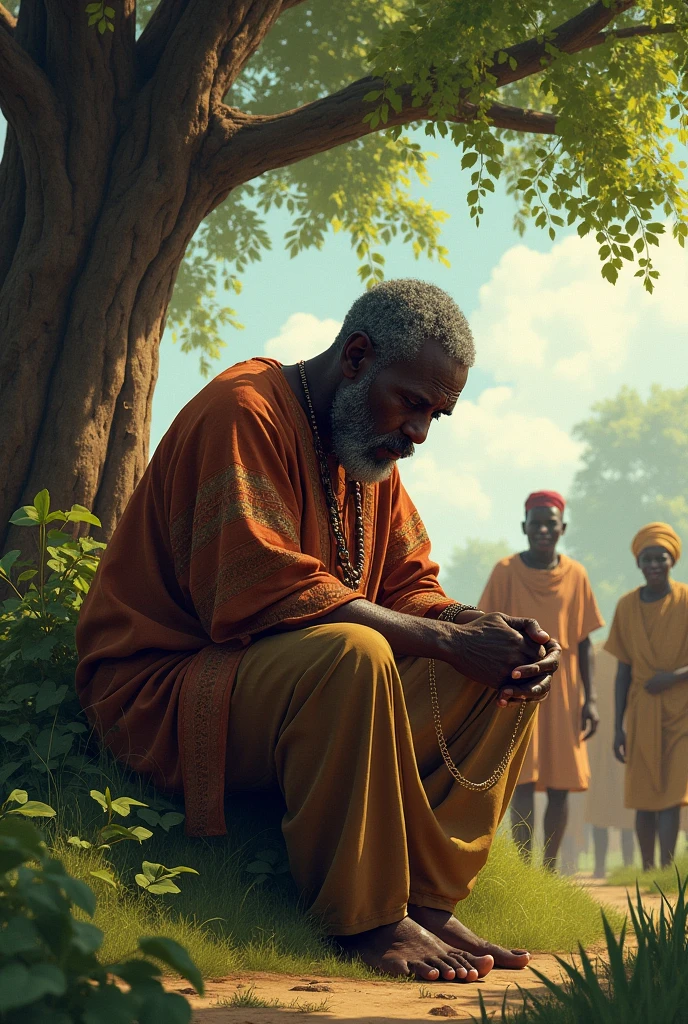 Generate 3 sketch of a traditional Yoruba man sitting in front of a big tree, burring his head in his hand and surrounded by his friend and family in local attire