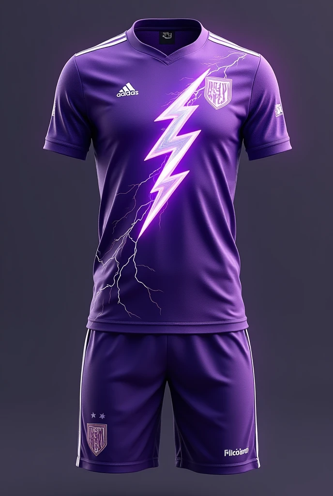 Create a purple football kit with a very realistic 3d lightning bolt and very realistic lightning bolts. 
