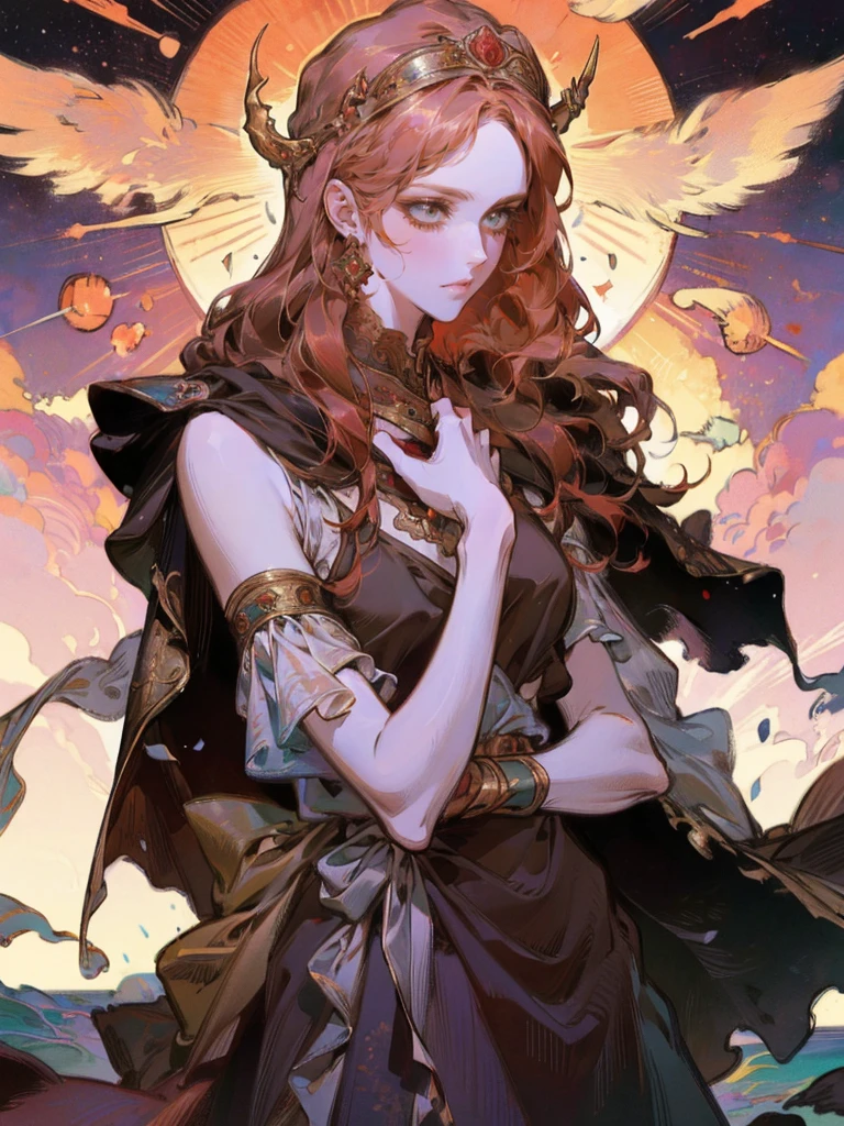( High quality , ultra detailed to hand ) ( careful hand ) Zodiac sign- Aries goddess , similar to latin goodness , Brave ,willful ,productive ,enterprising and humanitarian face . Moody, impulsive, impatient, assertive style . sunset reddish hair , transparent dress , in the ocean with sun , whole body , crystal fire eyes ( eye detailed ) . strong powerful make up look . Fire goddess .