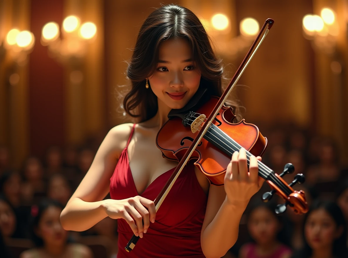 (masterpiece, high resolution, high detail, best quality), ultra detailed, 16k, photograph, cinematic lighting, the most beautiful face in the world, perfect face, highly detailed beautiful face and eyes, delicate facial features, shiny skin, highly detailed background, elaborately designed clothes, BREAK, (gorgeous and stunning Japanese woman playing the violin at a concert venue:1.4), Stradivarius, (Crimson sleeveless dress:1.2), curvy, (Wavy Hair), the incarnation of beauty, perfect make-up, light smile, deeply in love, full of elegance.