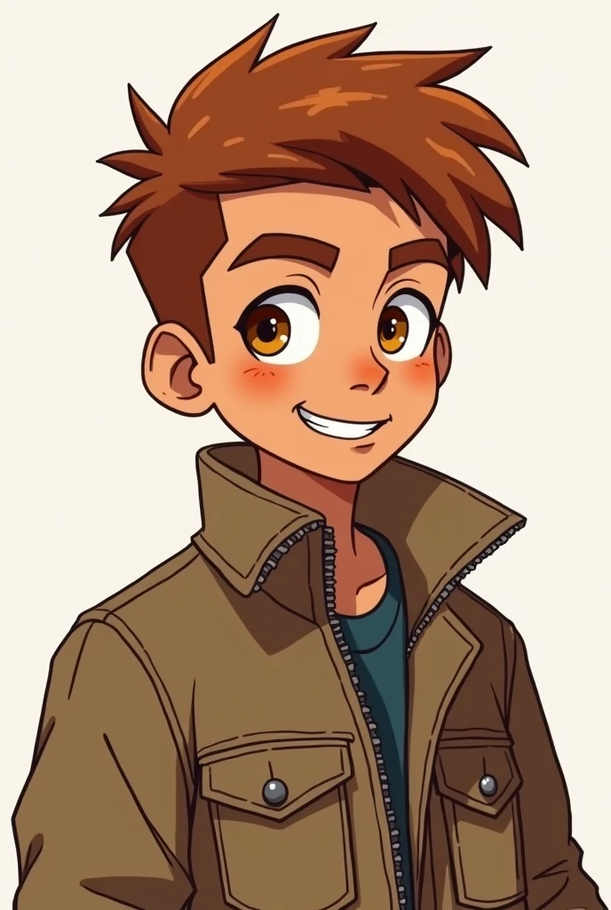 Character design sheet, androgynous boy auburn brown hair caramel colored skin orange eyes wearing a brown canvas jacket