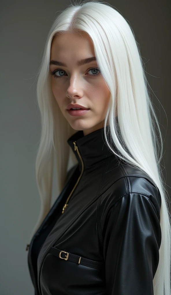 Full lenght, white hair, narrow face, grey eyes, girl, 18 years old, slim figure, almond-shaped eyes, button nose, full lips, european appearance, ultra highly intricate detailed, black eyeliner, leather summer dress, over knee boots, professional photography, ultra sharp focus, very beautiful