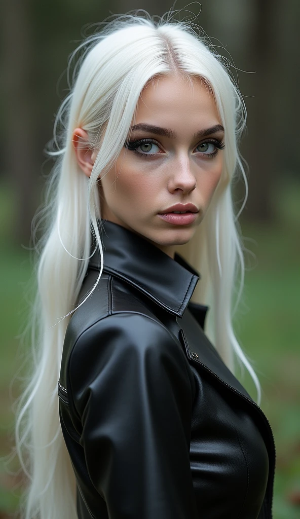 Full lenght, white hair, narrow face, grey eyes, girl, 18 years old, slim figure, almond-shaped eyes, button nose, full lips, european appearance, ultra highly intricate detailed, black eyeliner, leather summer dress, over knee boots, professional photography, ultra sharp focus, very beautiful