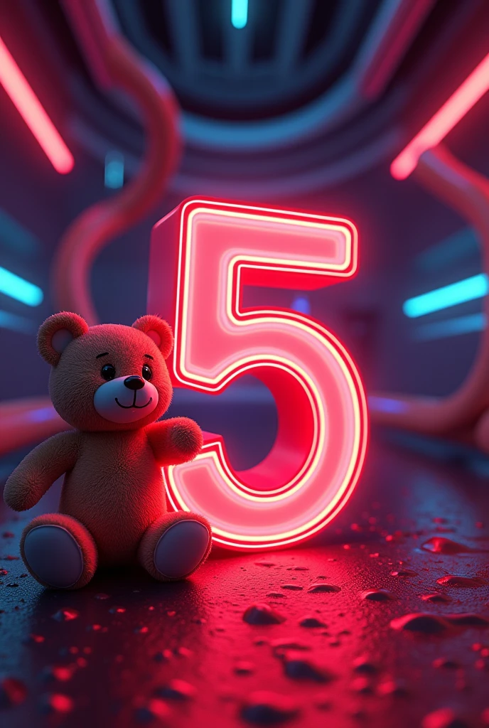 Number 5 in red with an animated teddy bear