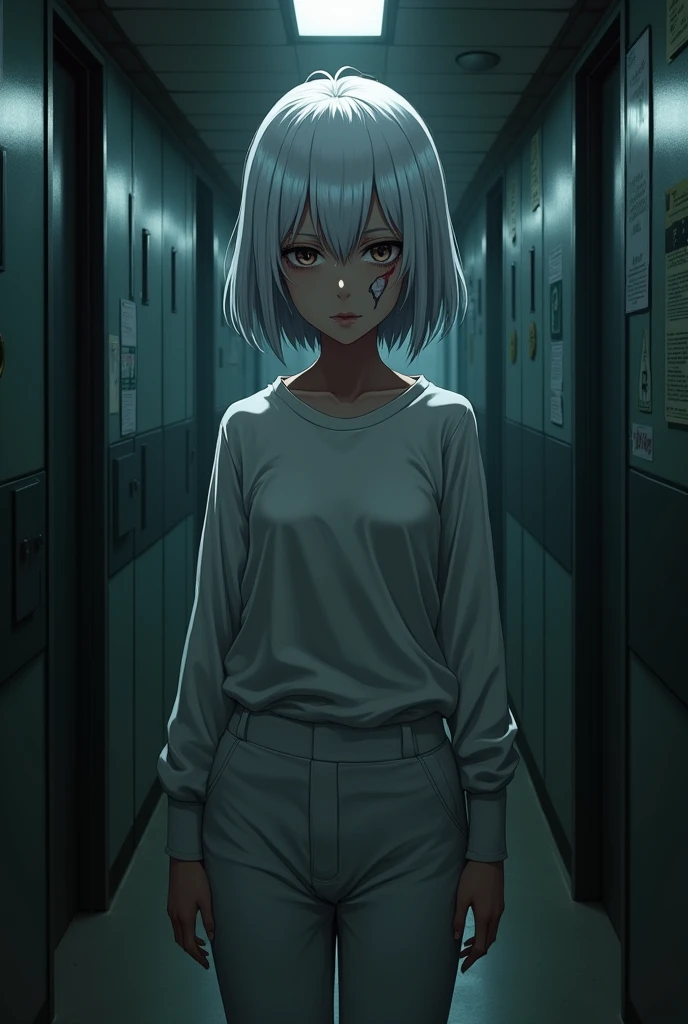Create a dark drawing of Akemi (feminine) with short white hair and bangs under the forehead and with a scar that passes through his left eye that is blind stuck in the laboratory wearing a long-sleeved shirt and white pants