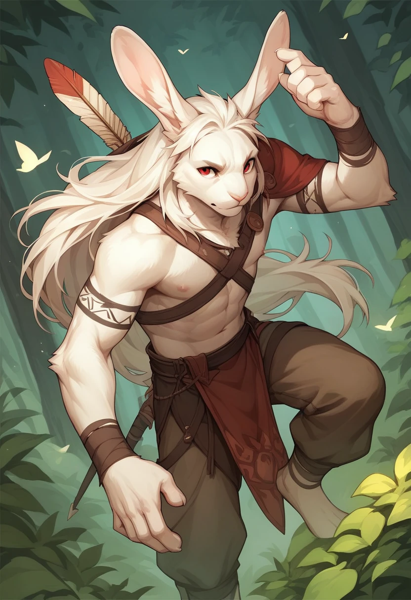 Male bunny, lean body, white fur, long hair, whole body, pose, red eyes, clothes of a forest archer, bow in hands, quiver of arrows