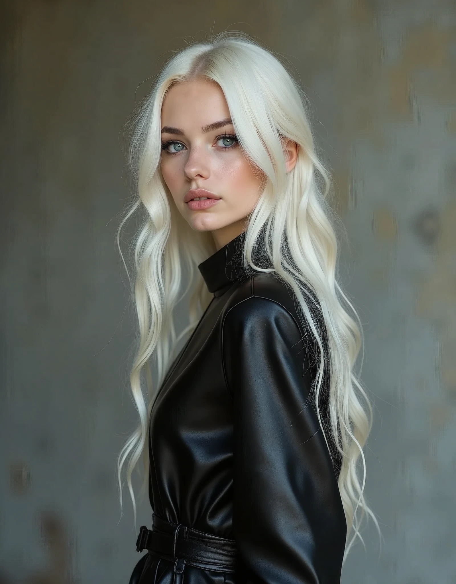 Full lenght, white hair, narrow face, grey eyes, girl, 18 years old, slim figure, almond-shaped eyes, button nose, full lips, european appearance, ultra highly intricate detailed, black eyeliner, leather summer dress, over knee boots, professional photography, ultra sharp focus, very beautiful