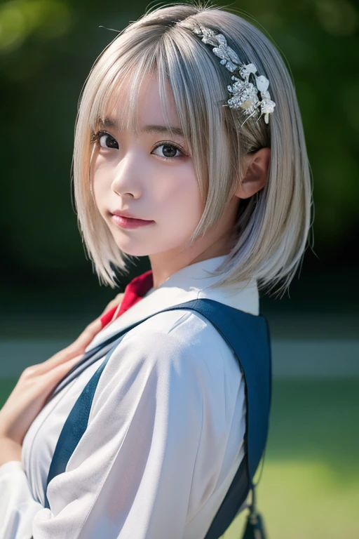 ((masterpiece, Highest quality, High resolution)), 1 Japanese girl, (Realistic: 1.4), Great face, White Mask、White Maskをしている、15 years old, Silver Hair、short hair, Silver Hair、(Beautiful Hair:1.5),Doctor、Female doctor、White、White Mask、See through、School classroom, Side angle, Highly detailed CG composite 8K wallpaper, High resolutionのRAWカラー写真, Professional photography, Light, BackLight, dream-like, impressive, Written boundary depth