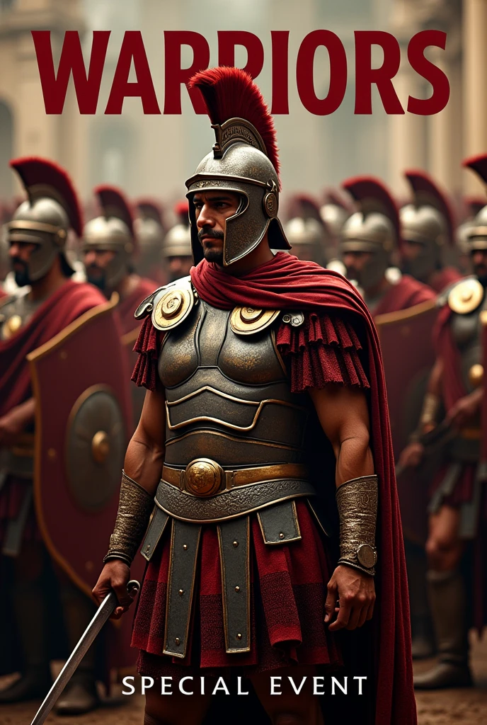 A photo of the Roman army with the word WARRIORS in red highlighted and the word SPECIAL EVENT in black just below it