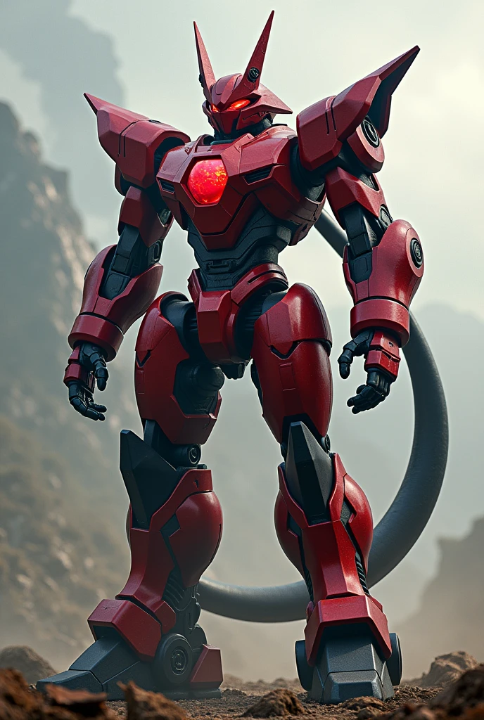 Generates a giant humanoid robot, which has a red core in the chest, be red with black legs and have a long black tail that has 2 horns around the chest and that its head looks like a horn but not the same I WANT HORNS REMEMBER