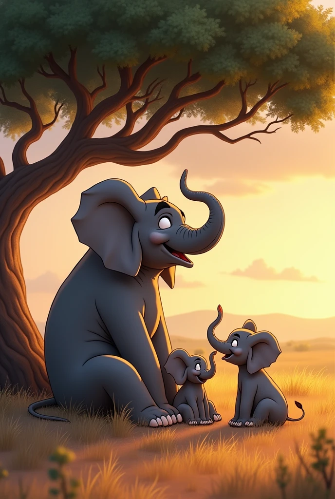Create the image with 3 elephants. a large adult and 2 small baby elephants. they are sitting under a giant baobab tree. Osot is looking at his children with a warm smile as he explains the adventure that lies ahead. a little elephant is listening attentively, while the other little elephant looks at the horizon with excitement. The image should have a playful yet realistic touch. .