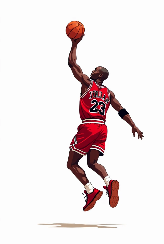 Create an illustration of Michael Jordan making a dunk. HQ 80s style art, Illustration, Cartoon. White background.