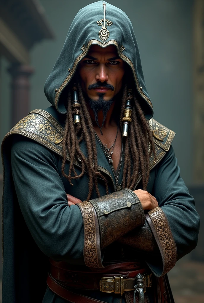 Jack Sparrow in his original hooded costume as if he were a member of the Assassins Creed assassins showing a retractable blade on a bracelet on his left forearm