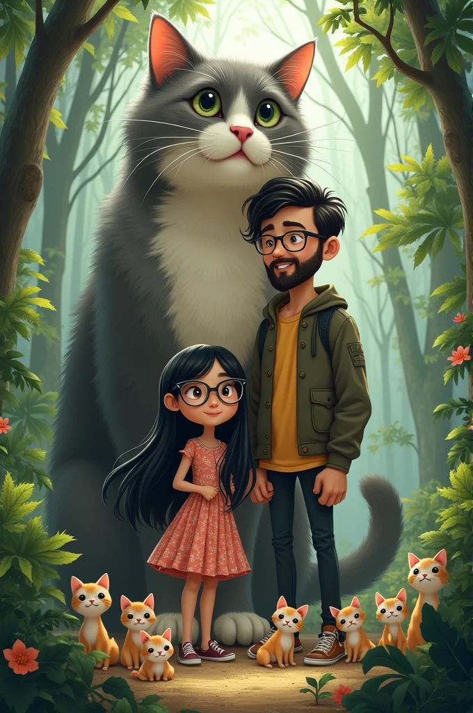 Girl with glasses and black hair and eyes with hair down to her chest in a jungle with her boyfriend Gary who has a beard and a bookish hairstyle with a giant house-sized cat and many other tiny kittens 