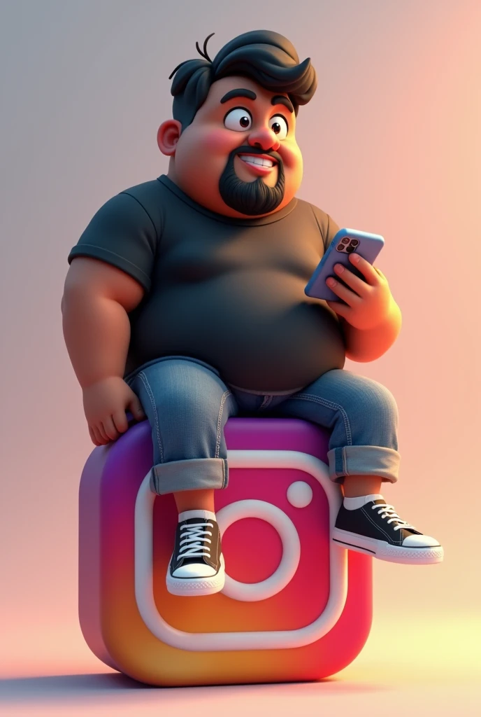 Create a 3D illustration of an animated Indian character with glasses sitting casually on top of a social media logo "instagramart". The character must wear a black t-shirt, caBelos curtos e ondulado, darkskin, slightly slanted eyes, is a little overweight, BarBa e segurando um iPhone. The background of the image is a social media profile page with the username "d.B.I photograph" and a matching profile photo.