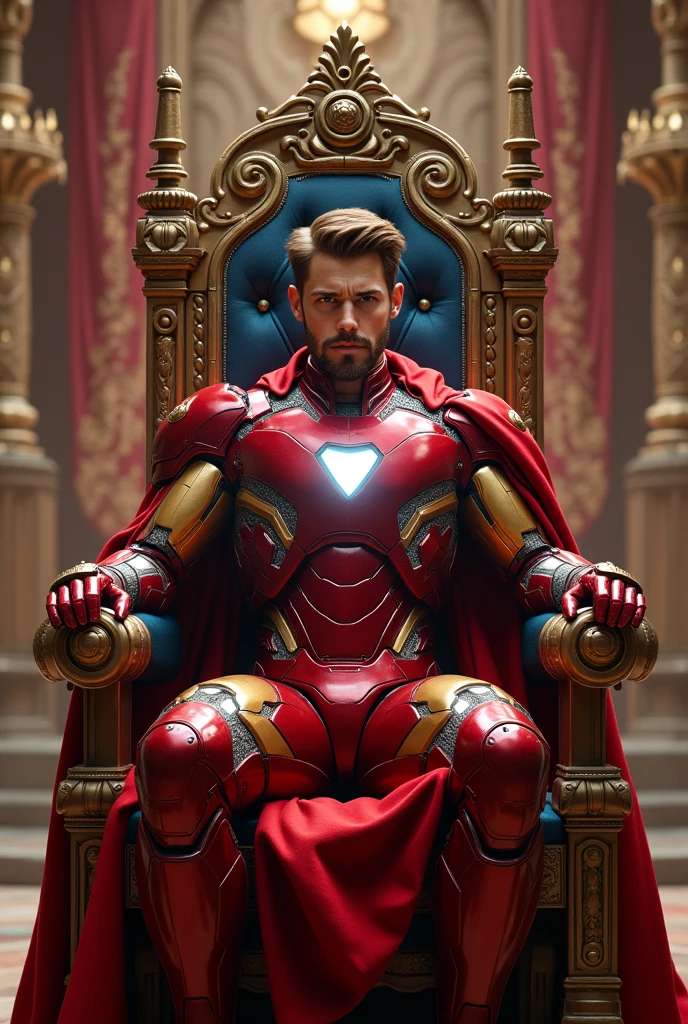 20 year old iron man with short brown hair on the sides, and medium on top with medium red beard, in king's clothes sitting on his throne in the castle in Israel