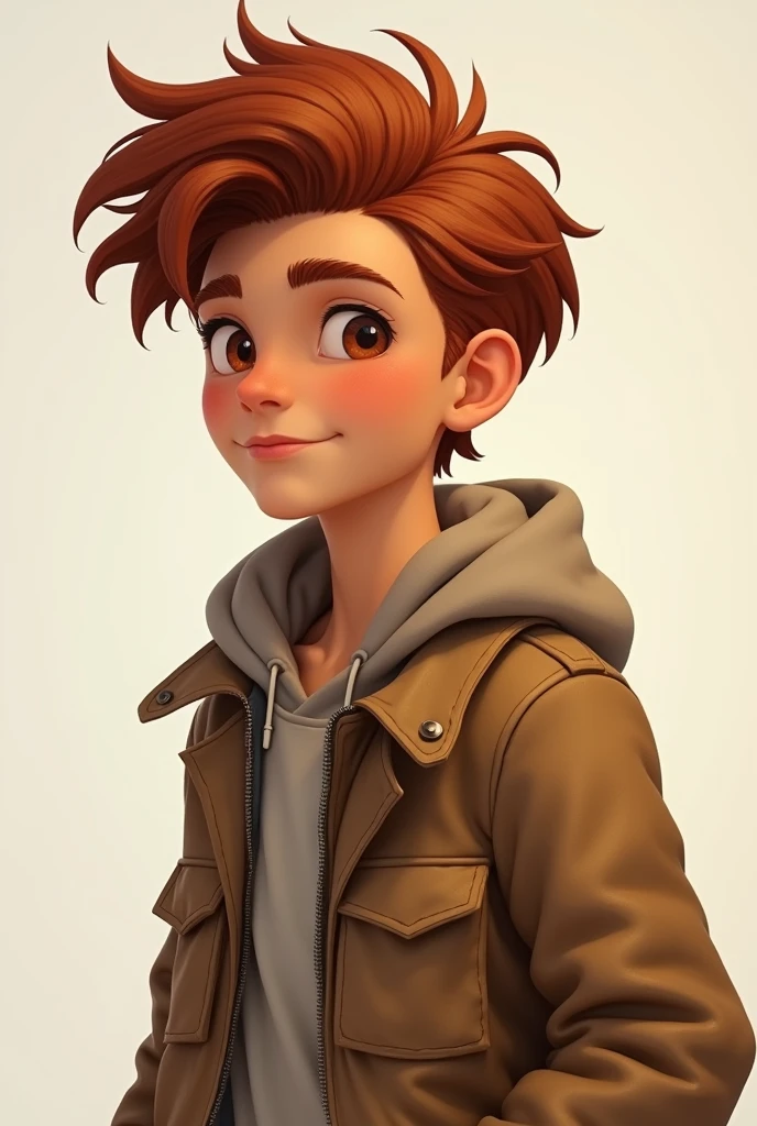 Character design sheet, androgynous boy auburn brown hair caramel colored skin orange eyes wearing a brown canvas jacket photo realistic