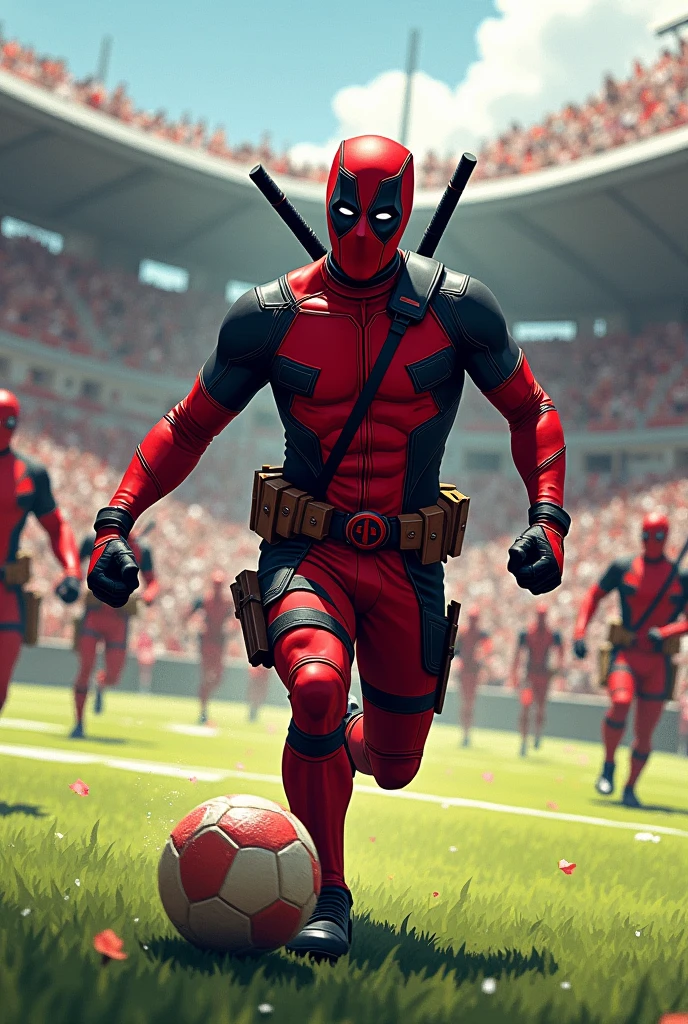 Deadpoll playing football with a crowd