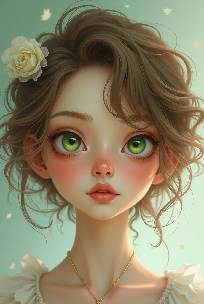 make a girl with white skin, short curly light brown hair, green eyes and potato nose