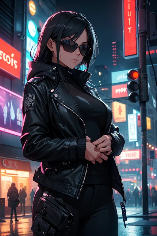 A mysterious agent, enveloped in the shadowy embrace of city streets at night, standing on a corner illuminated by the neon glow of nearby shop signs. She is an embodiment of stealth and anonymity, with a pair of sleek, black sunglasses perched on the bridge of his nose despite the cloak of darkness. Herattire is a timeless blend of functionality and style, featuring a form-fitting leather jacket that whispers of secrets and the thrill of the clandestine. The sunglasses cast a reflection of the bustling urban nightlife, revealing the stark contrast between the vibrant, chaotic world around him and his stoic, focused gaze. The agent's posture is relaxed yet vigilant, one hand casually tucked into his jacket pocket, hinting at the concealed gadgets or weapons ready for action. Her eyes are unseen, a mirror to the untold stories he carries, as he watches the interplay of shadows and lights dance across the wet asphalt. The vibrant hues of the city lights create a stark palette of blues, purples, and reds, setting the stage for the unseen narrative unfolding in the heart of the metropolis. The tension is palpable as the agent's silhouette cuts through the mist, a silent sentinel amidst the symphony of nocturnal life, poised for the next move in a game of shadows that plays out on the grand chessboard of the city.
