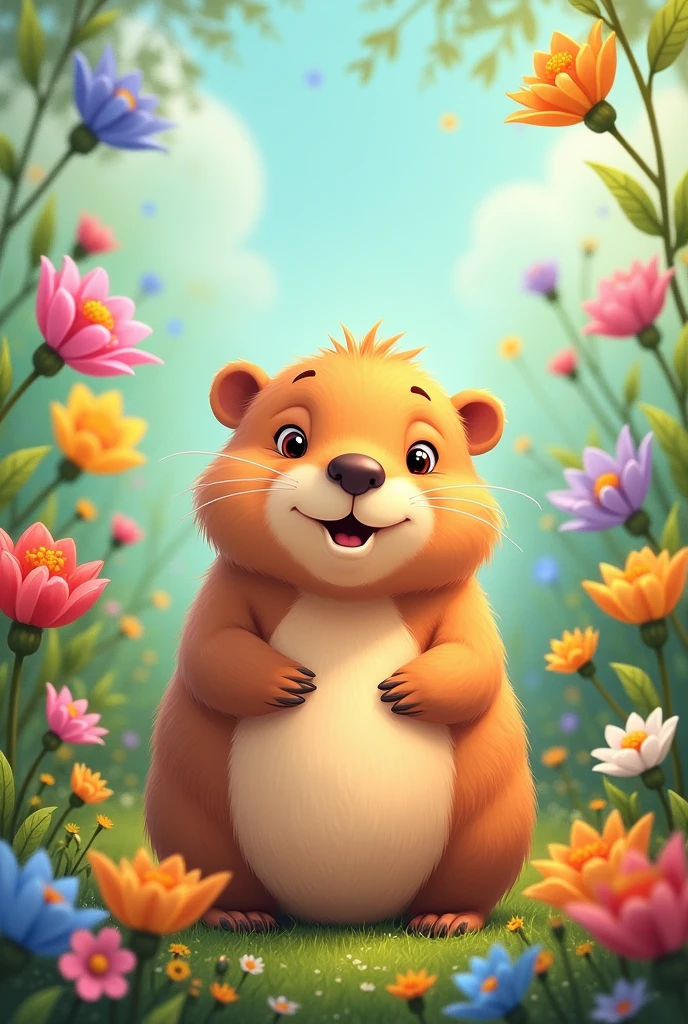Cute animated capybara with flowers around