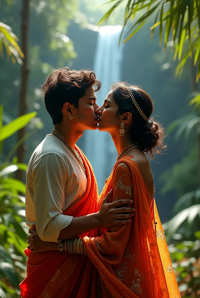 1 girl, 1 boy, passionate romantic kiss, 2 beautiful indian women, colorful sequin sarees, lush tropical gorge landscape, (best quality,8k,highres,masterpiece:1.2),ultra-detailed,realistic,photorealistic,photo-realistic:1.37,intricate details,cinematic lighting,dramatic shadows,vivid colors,ornate jewelry,detailed fabric textures,elegant poses