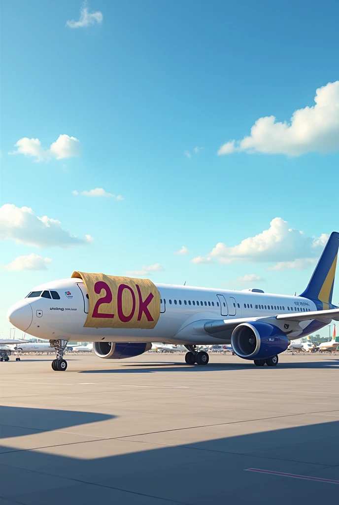 A PLANE THAT HAS A PAPER HANGING ON IT THAT SAYS 20K