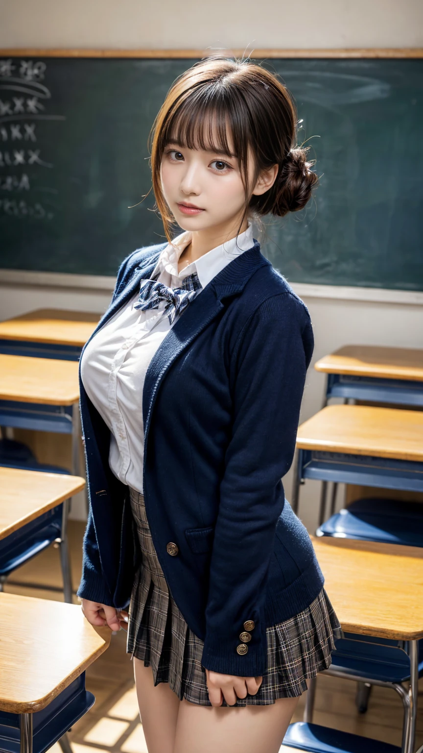 masterpiece, best quality, illustration, Super detailed, fine details, High resolution, 8K,wall paper, perfect dynamic composition,(Details High quality, realistic depiction of eyes:1.3), from side, High School Classroom、High school girl uniform、blazer 、Super Short Check Uniform Skirt、Navy blue high socks、garterbelts、plump breasts, Disturbed uniform, (updo:1.2), black hair color, large breasts, Big Natural Color Lip, bold sexy pose, (perfect body shape), crying a little、20 year old girl、cute type, beautiful legs, hposing Gravure Idol, Voluptuous thighs