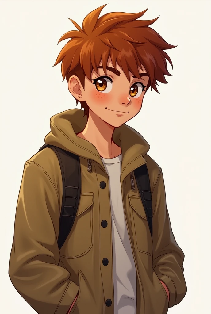 Character design sheet, androgynous boy auburn brown hair caramel colored skin orange eyes wearing a brown canvas jacket photo realistic 