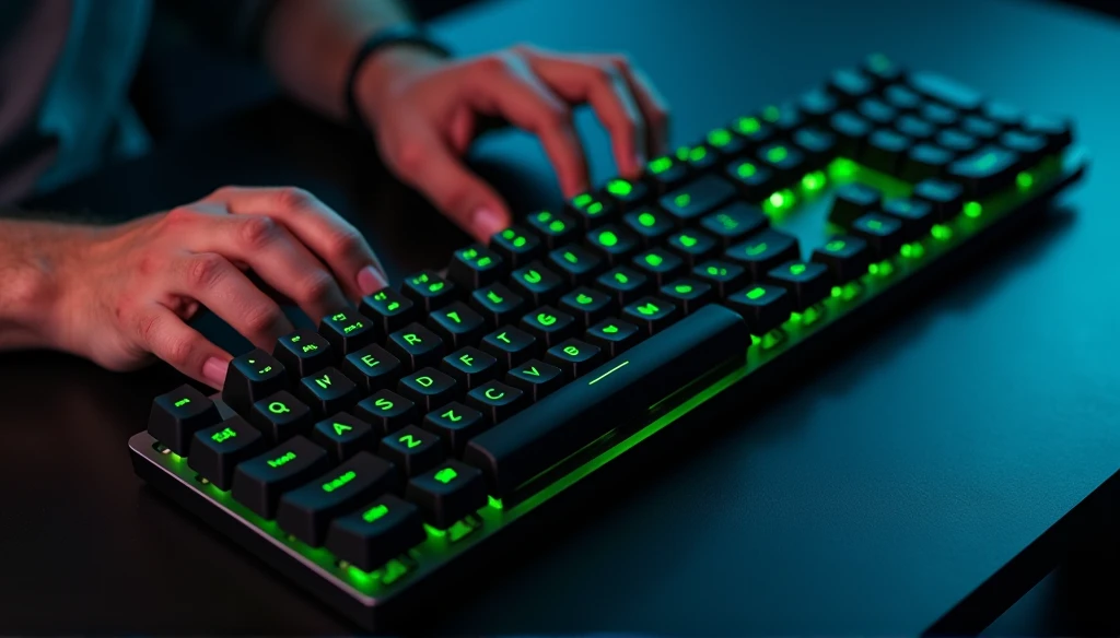 a gamer using his keyboard with green LEDs