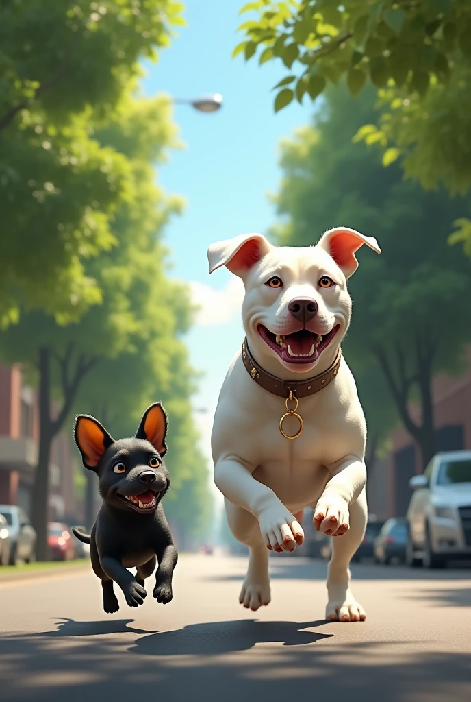 I want a small jumping black dog with yellow ears, that is to say he will be the Environmental student, and another large white pitbull dog, he will be the engineer with a master&#39;s degree, on a street with trees.