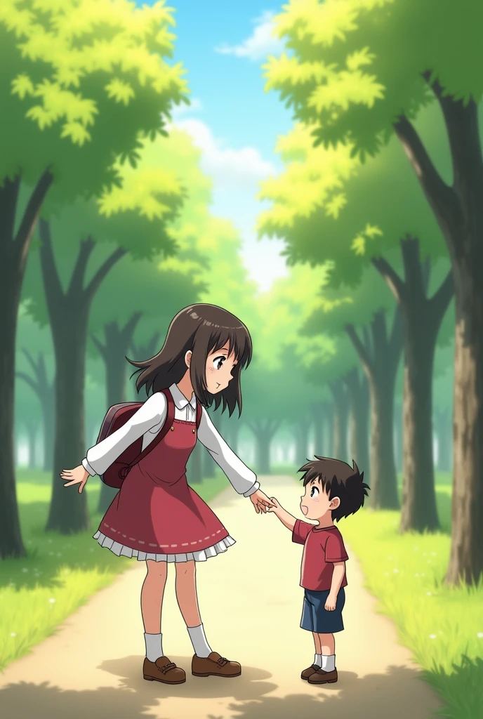 Cute anime girl with a little boy in the park