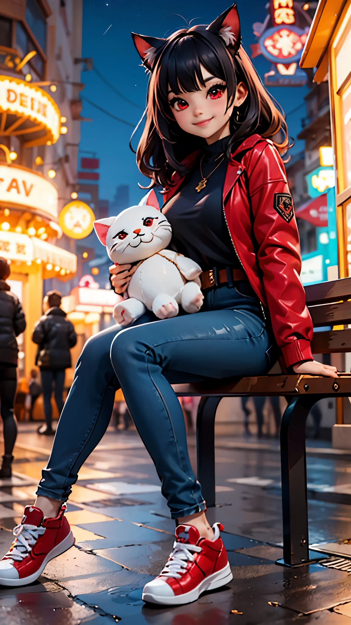 1girl junkotvv ,red eyes,black hair,flequillo, cat ears, belt,necklace,red jacket,jeans, looking at viewer, smiling, happy, sitting, on bench, holding large stuffed animal, outside, carnival, night, crowd, neon lighting, high quality, masterpiece, 