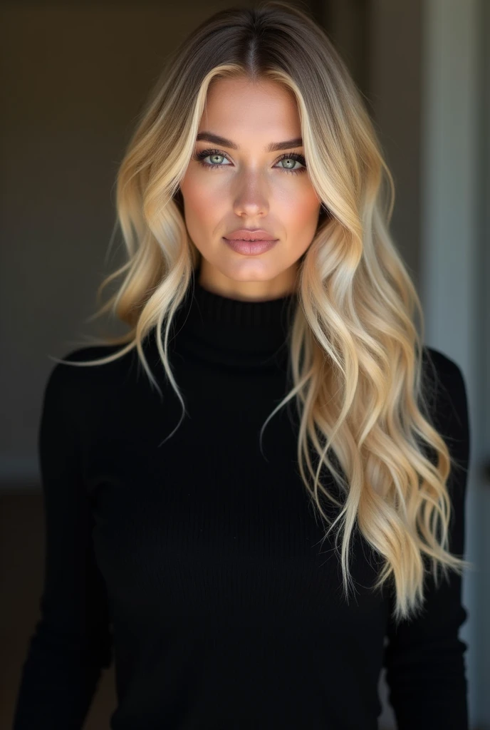 Photo of Sophie rain, best quality, she is wearing a black sweater, soft lighting, gorgeous, blonde woman, Hispanic,
