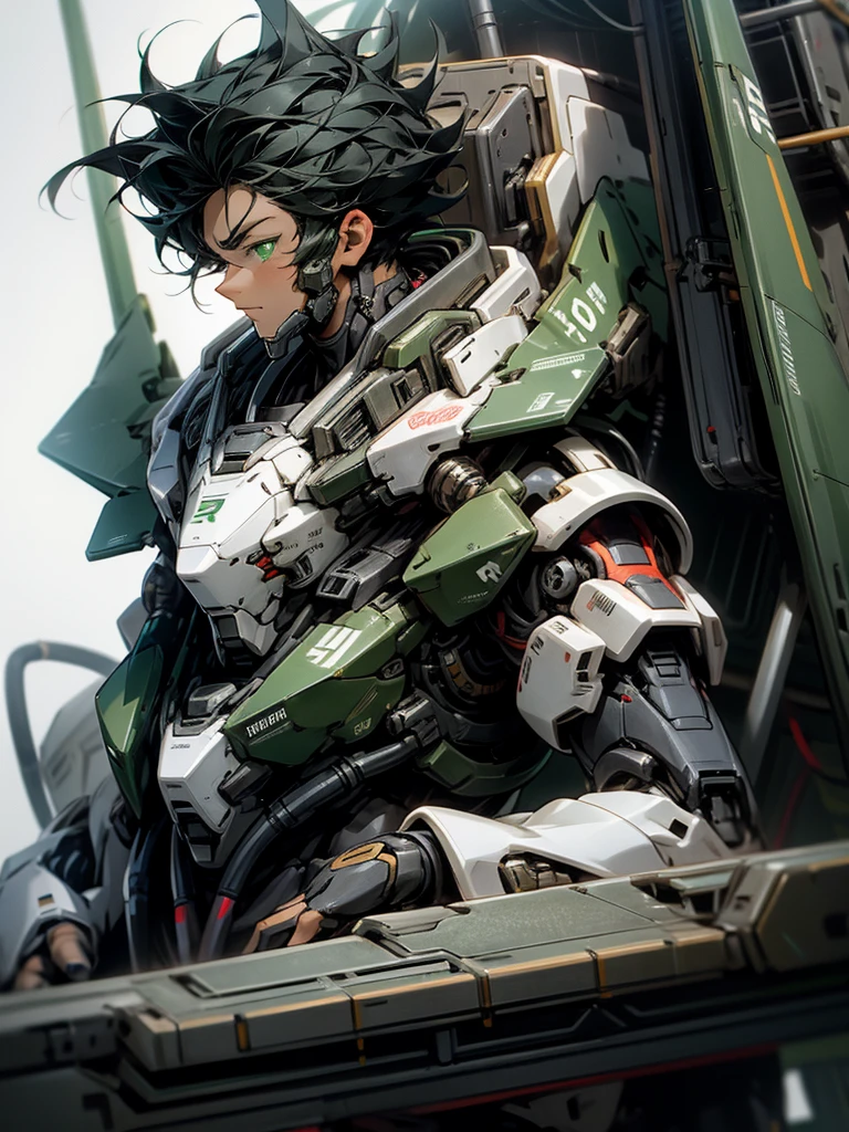 An male mecha pilot, black hair, white,green eyes, in a mecha cockpit