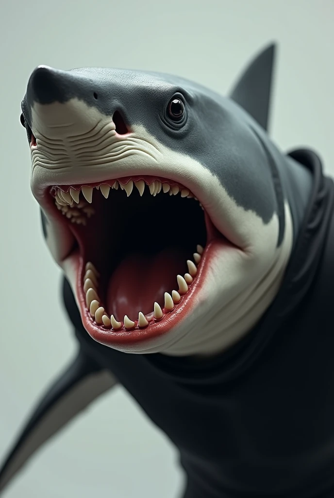 A shark, with sharp teeth wearing a black shirt