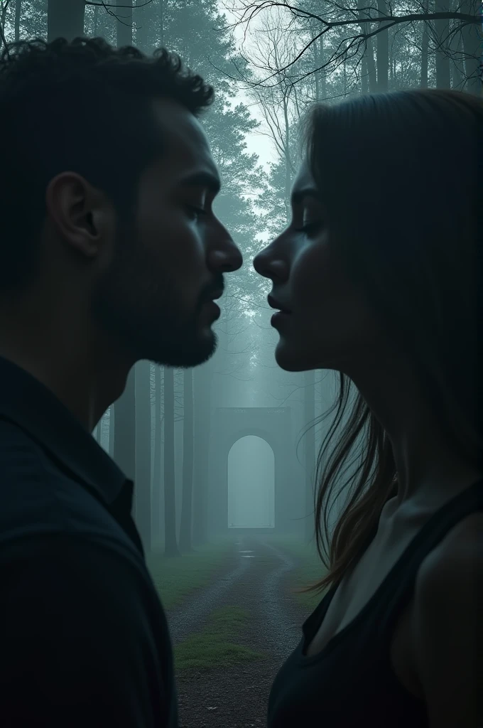 image of two mouths kissing, a man and a woman,dark path through the forest, heading towards a magic gate.black and gray gradient, hazy, realistic, 8k resolution, Unreal Engine, cinematic