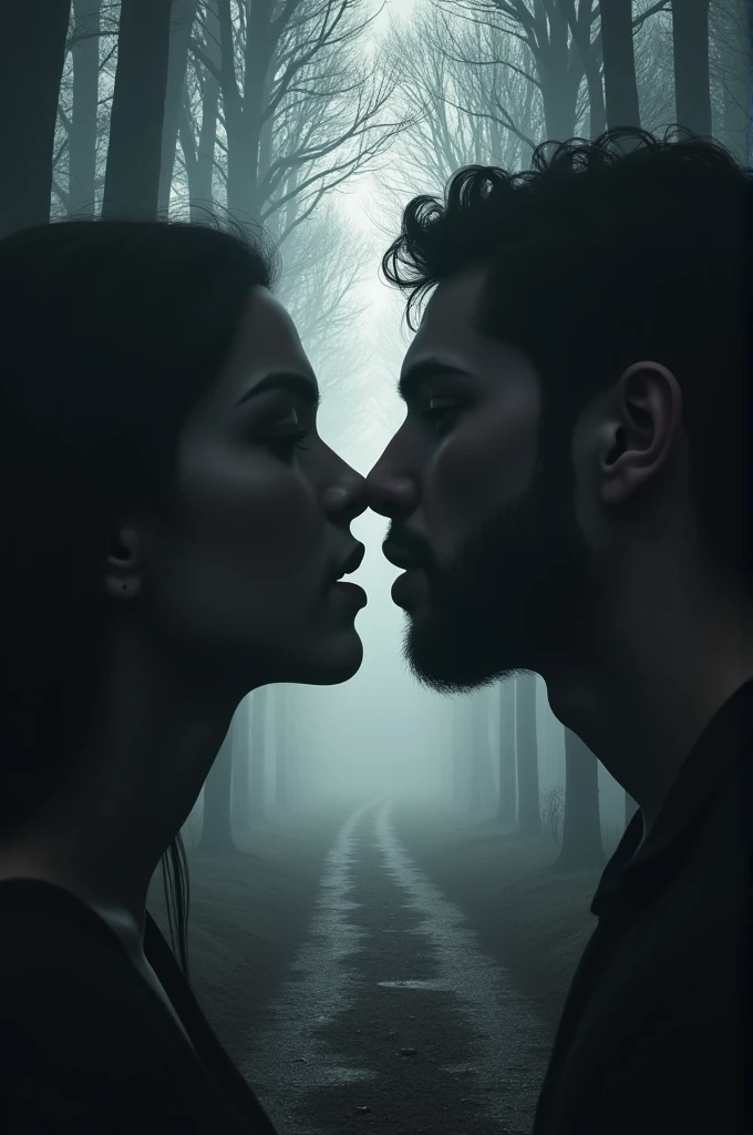 image of two mouths kissing, a man and a woman,dark path through the forest, heading towards a magic gate.black and gray gradient, hazy, realistic, 8k resolution, Unreal Engine, cinematic