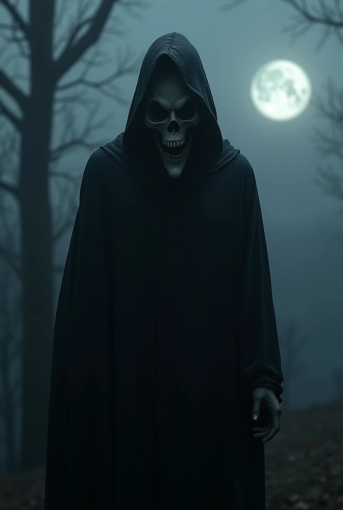 Creates a terrifyingly detailed and realistic depiction of the very angry, angry hooded figure of Death with a subtle but terrifying before his profile perspective eyes. The scene is expected to feature a black silhouette with an angry skull This sinister figure It should be placed in the context of a very dark foggy night poorly illuminated by the cold moonlight accompanied by fog. The image should radiate a sinister and chilling atmosphere. Use Octane rendering to capture realistic textures and lighting. The resolution should be a stunning 8K, ensuring extraordinary clarity and precision when portraying the sinister aspect of Death that should convey terror and suspense.