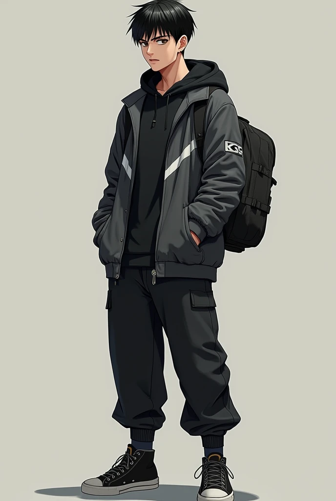 Hiroshi Takada is a 17-year-old boy, stomach 1.87 meters and has a remarkable appearance. He has brown eyes, black hair with a buzz cut, prominent eyebrows and a small mouth. Their clothing is usually black with gray or white details., complemented with black tennis shoes. He is tall and of strong build.