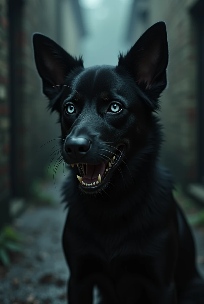 Cree une photo dun chien noir qui fait peur, petit, au tres grand yeux blanc et avec une machoire menacante