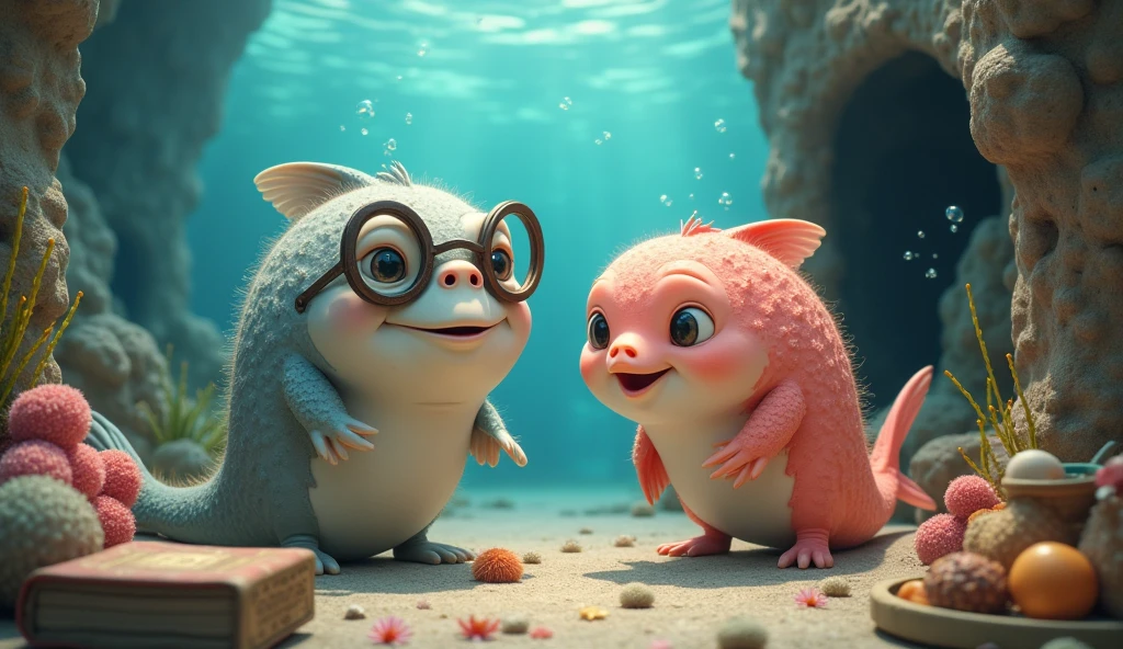 Create a heartwarming underwater scene featuring two elderly fish, each with distinct characteristics.
Grandpa Fish:
Depict Grandpa Fish as slow-moving and wise, with a distinguished, slightly wrinkled appearance. His colors should be muted yet dignified, such as soft greys with hints of silver. Add a pair of round, vintage eyeglasses perched on his nose, which adds to his scholarly look. His eyes should be kind and thoughtful, reflecting years of experience and storytelling. Position him comfortably near an old, coral-encrusted rock or a cozy seaweed nook. Around him, show a group of small, enchanted sea creatures gathered, eagerly listening to his tales. Perhaps include a few old, weathered books or scrolls nearby to emphasize his role as a storyteller.
Grandma Fish:
Grandma Fish should be depicted as sweet and nurturing, with a warm color palette like soft pinks and gentle blues. She should have a friendly, smiling face that radiates comfort and care. Place her near a charming underwater kitchen setup, featuring a seaweed stove and an assortment of colorful sea vegetables and treats. Add little sea creatures enjoying her baked goods to highlight her talent for making delightful underwater treats.
The background should create a cozy underwater setting with soft, inviting lighting. Incorporate delicate corals, sea flowers, and bubbles to enhance the warm and homey atmosphere.
The overall composition should evoke a sense of nostalgia and warmth, showcasing the loving and comforting roles that Grandpa Fish and Grandma Fish play in their underwater community.